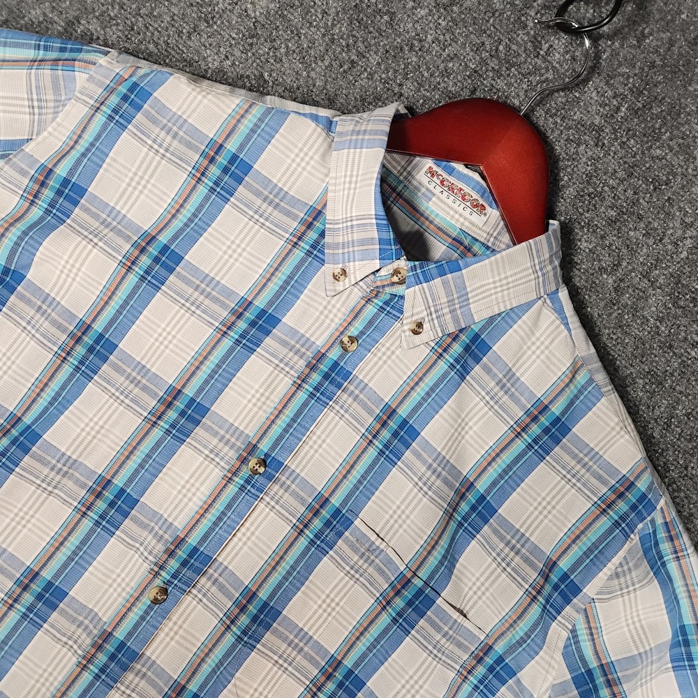 McGregor Button Up Shirt Mens 2XL Blue White Plaid Vintage 80s Polyester Cotton